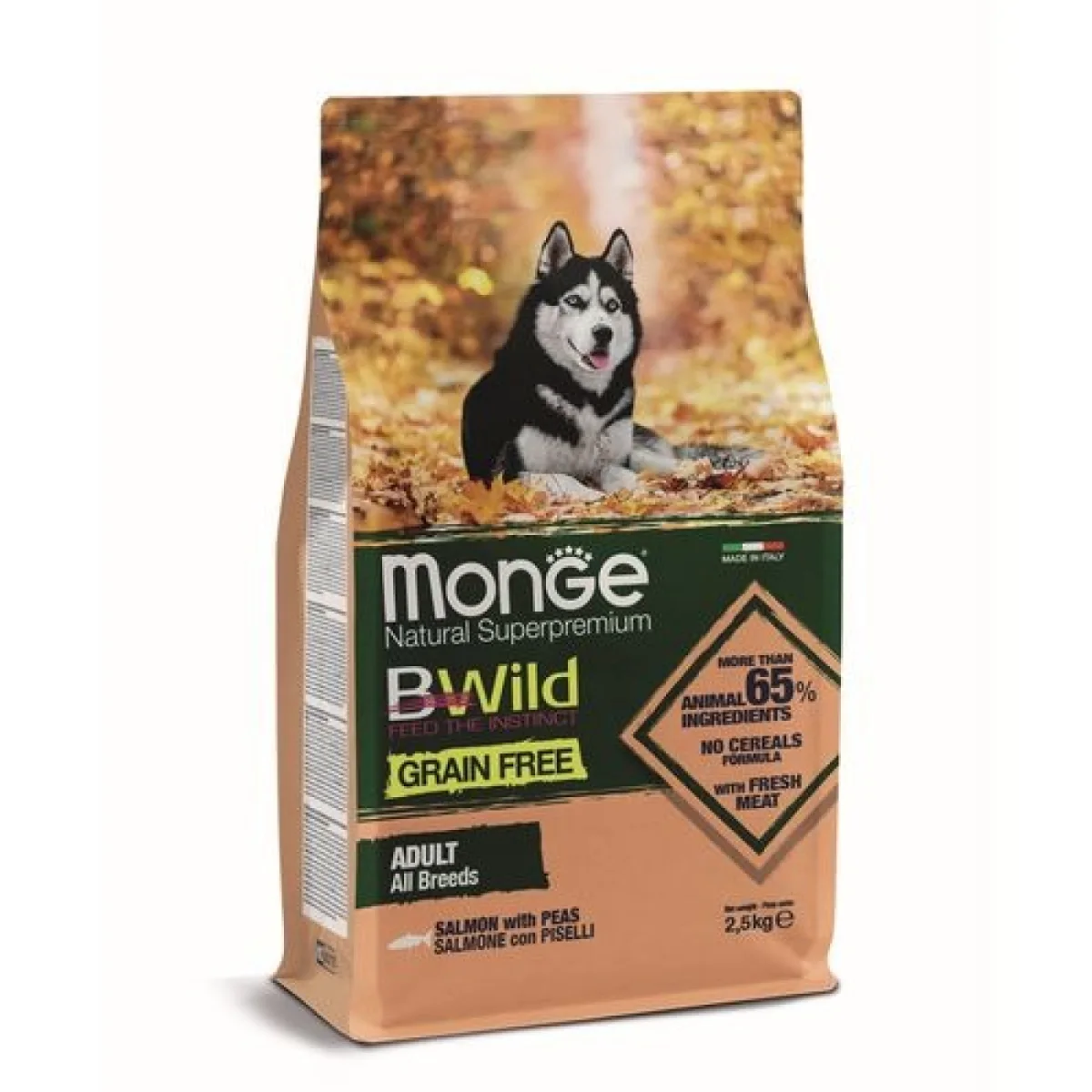MONGE BWild Grain Free Adult 2,5kg gabonamentes, teljes értékű eledel minden fajtájú felnőtt kutyának lazaccal és borsóval